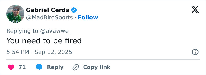 Screenshot of a tweet replying to @avawwe_ with the comment You need to be fired, related to The Rock's daughter and Charlie Kirk remarks. Screenshot of a tweet replying to @avawwe_ with the comment You need to be fired, related to The Rock's daughter and Charlie Kirk remarks.
