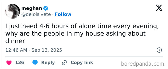 Tweet by user meghan humorously expressing the need for alone time amid parenting demands, related to parenting posts.