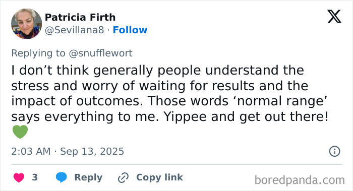 Tweet by Patricia Firth discussing the stress and worry before cancer diagnosis and misunderstood symptoms by doctors.