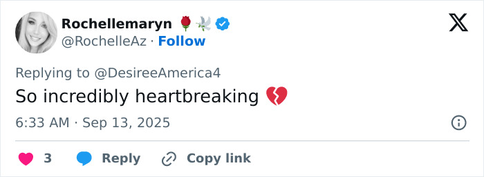 Tweet by Rochelle Maryn expressing heartbreak with a broken heart emoji in response to a farewell event gathering.