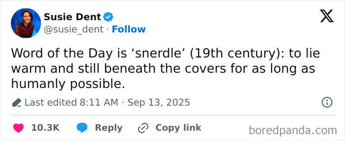 Tweet from Susie Dent defining the 19th-century word 'snerdle' about lying warm beneath covers, reflecting relatable fatigue humor.