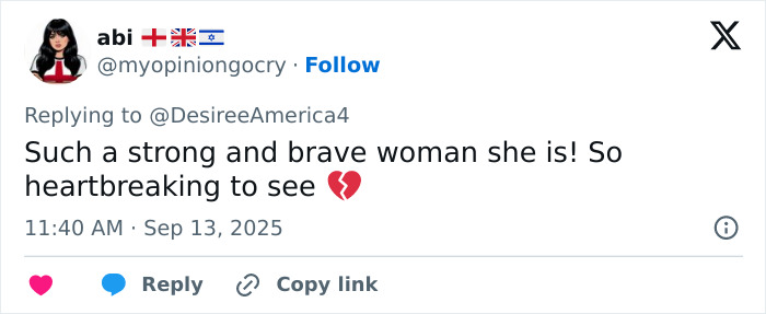 Twitter user abi expressing support for Erika Kirk speaking on justice for husband&rsquo;s assassin and large farewell gathering