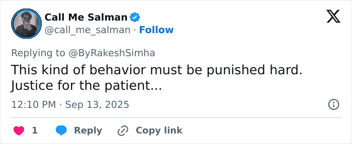 Tweet criticizing doctor caught getting intimate with nurse while patient lay unconscious during surgery, calling for justice.