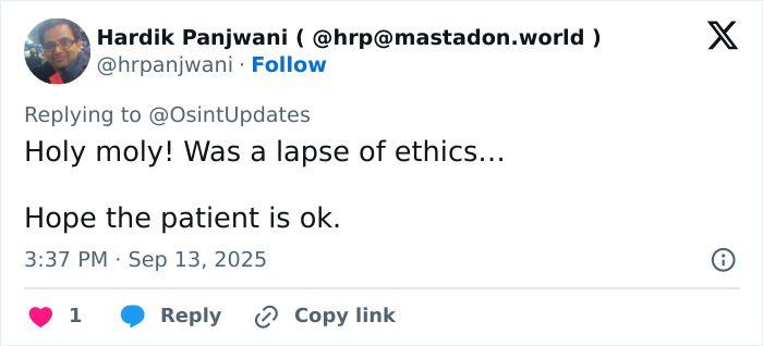 Man sharing opinion on a social media post about doctor caught getting intimate with nurse during surgery.