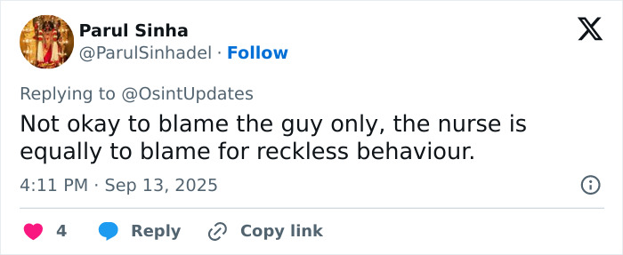 Tweet by Parul Sinha discussing blame on doctor and nurse for reckless behavior during surgery incident.