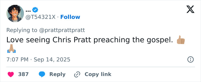 Screenshot of a Twitter reply praising Chris Pratt preaching the gospel, related to viral clip and prayer reactions.