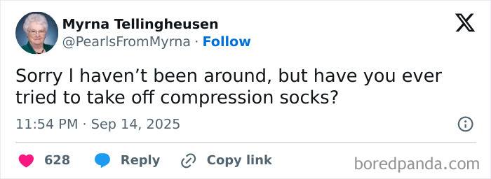Screenshot of a tweet from the internet’s funniest grandma delivering a sharp, witty joke about compression socks.