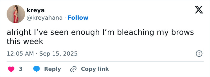Tweet text about bleaching brows, reflecting reaction to Jenna Ortega's risky diamond-encrusted look at the 2025 Emmys. Tweet text about bleaching brows, reflecting reaction to Jenna Ortega's risky diamond-encrusted look at the 2025 Emmys.