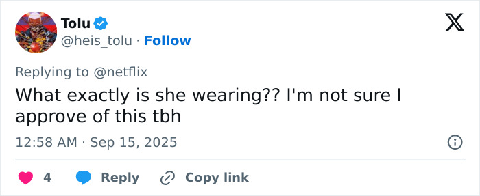 Tweet reacting to Jenna Ortega’s risky diamond-encrusted Emmy look, expressing uncertainty about approving the outfit choice. Tweet reacting to Jenna Ortega’s risky diamond-encrusted Emmy look, expressing uncertainty about approving the outfit choice.