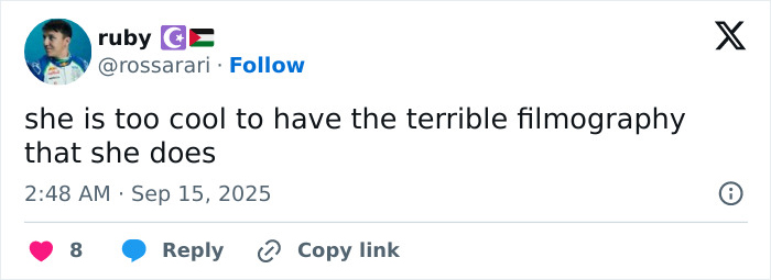 Tweet from user ruby praising Jenna Ortega's risky diamond-encrusted look at the 2025 Emmys, calling it cool and impressive. Tweet from user ruby praising Jenna Ortega's risky diamond-encrusted look at the 2025 Emmys, calling it cool and impressive.