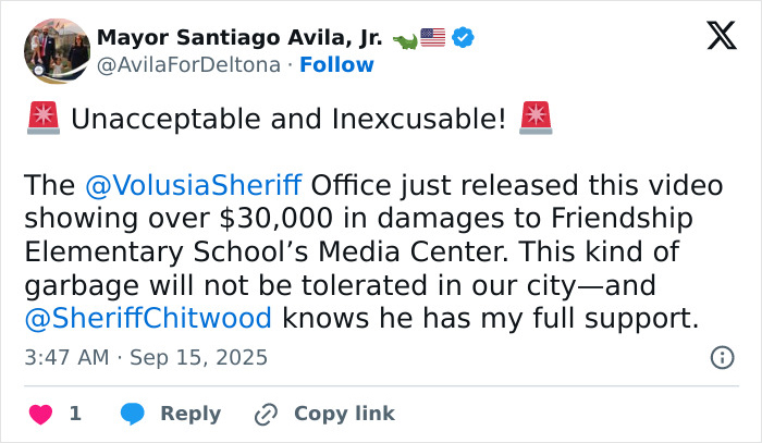 Tweet from Mayor Santiago Avila Jr. condemning over $30,000 damage to school media center by children turned in to police.