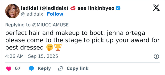 Tweet praising Jenna Ortega’s perfect hair, makeup, and style at the 2025 Emmys for best dressed award. Tweet praising Jenna Ortega’s perfect hair, makeup, and style at the 2025 Emmys for best dressed award.