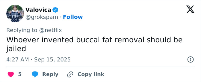 Tweet criticizing buccal fat removal, posted by user Valovica on September 15, 2025, with 5 likes and replies. Tweet criticizing buccal fat removal, posted by user Valovica on September 15, 2025, with 5 likes and replies.