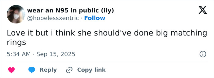 Tweet commenting on Jenna Ortega's risky diamond-encrusted look at the 2025 Emmys, suggesting bigger matching rings. Tweet commenting on Jenna Ortega's risky diamond-encrusted look at the 2025 Emmys, suggesting bigger matching rings.