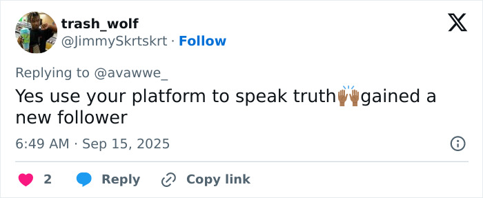 Screenshot of a social media reply praising The Rock's daughter for speaking out about Charlie Kirk controversies. Screenshot of a social media reply praising The Rock's daughter for speaking out about Charlie Kirk controversies.