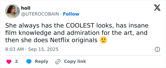Tweet praising Jenna Ortega's coolest looks and film knowledge, expressing disappointment over Netflix originals. Tweet praising Jenna Ortega's coolest looks and film knowledge, expressing disappointment over Netflix originals.