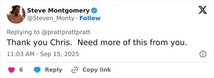 Screenshot of a tweet praising Chris Pratt, related to discussions about his unique way of praying after a viral clip.