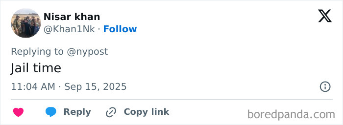 Screenshot of a Twitter reply stating jail time, related to maniac driver shocking response to cops after running over teen. Screenshot of a Twitter reply stating jail time, related to maniac driver shocking response to cops after running over teen.