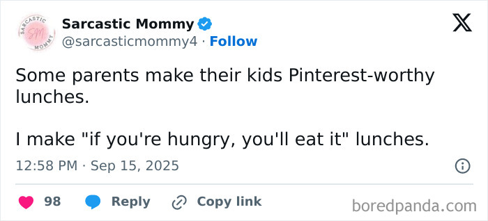 Tweet from Sarcastic Mommy humorously contrasting Pinterest-worthy lunches with practical parenting posts that might make you chuckle.