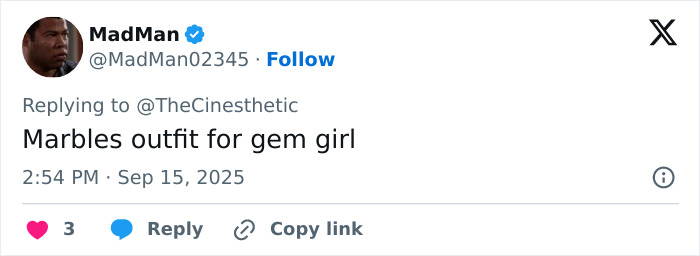 User's social media comment about Marbles outfit for gem girl in a Twitter reply discussing Jenna Ortega&rsquo;s stylist request after viral Emmy outfit.