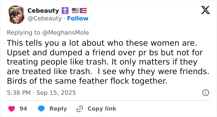 Screenshot of a social media post where a reality TV star lashes out at Meghan Markle for being unappreciative.