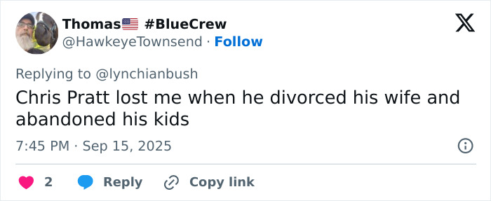 Screenshot of a Twitter reply criticizing Chris Pratt, related to viral clip of his unusual praying style.