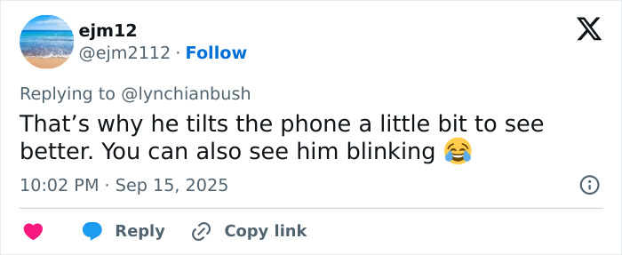 Tweet reply about Chris Pratt tilting phone and blinking in viral clip, highlighting the weird way he prays.