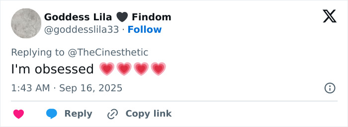 User comment on social media, expressing admiration with heart emojis, related to Jenna Ortega&rsquo;s stylist and viral Emmy outfit.