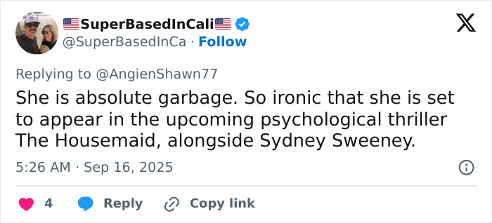 Screenshot of a tweet criticizing Amanda Seyfried, mentioning her role in The Housemaid, related to Charlie Kirk controversy. Screenshot of a tweet criticizing Amanda Seyfried, mentioning her role in The Housemaid, related to Charlie Kirk controversy.