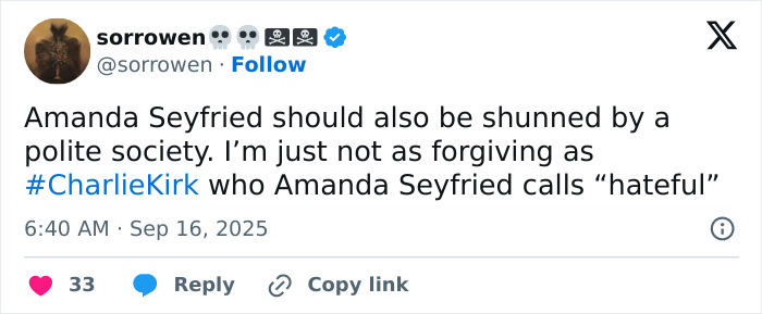 Screenshot of a tweet criticizing Amanda Seyfried for calling Charlie Kirk hateful after he lost his life. Screenshot of a tweet criticizing Amanda Seyfried for calling Charlie Kirk hateful after he lost his life.
