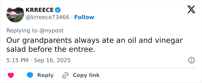Tweet text showing a user replying about grandparents eating oil and vinegar salad as a biohacking trick to stay fit.