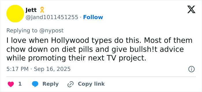 Tweet by user Jett criticizing Hollywood types for promoting diet pills while endorsing TV projects, discussing biohacking fitness tips.