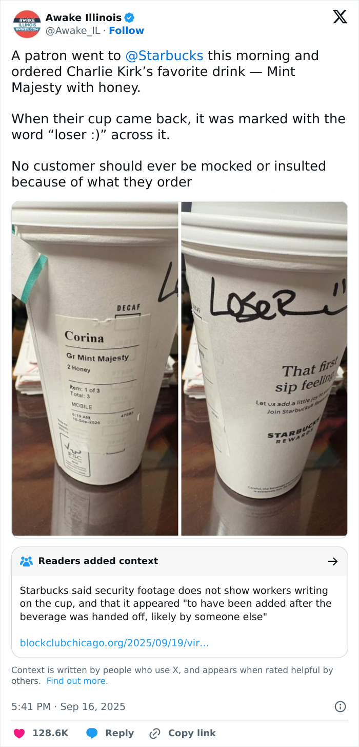 Starbucks cup showing Charlie Kirk's favorite Mint Majesty drink with a hate message written on the side.