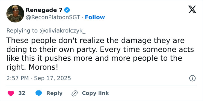 Tweet by Renegade 7 criticizing damage caused by sisters who destroyed Charlie Kirk memorial, impacting political party support.