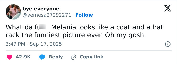 Tweet mocking Melania's outfit in the UK, comparing it to a coat and hat rack, highlighting public reaction online. Tweet mocking Melania's outfit in the UK, comparing it to a coat and hat rack, highlighting public reaction online.