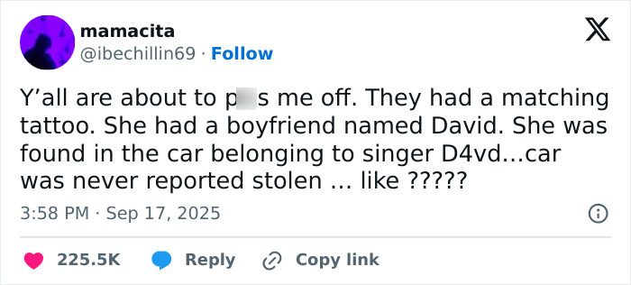 Tweet discussing wild findings linking singer to missing girl&rsquo;s body, mentioning matching tattoo and boyfriend named David.