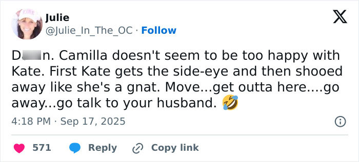 Social media post discussing Queen Camilla&rsquo;s embarrassing gesture to Kate Middleton during Trump visit controversy.