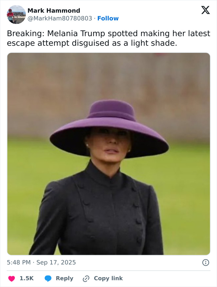 Melania Trump wearing a large purple hat and dark outfit, with her UK outfit brutally mocked online. Melania Trump wearing a large purple hat and dark outfit, with her UK outfit brutally mocked online.