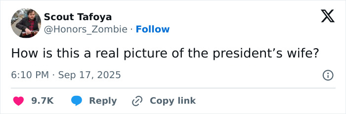 Tweet questioning the authenticity of a picture of the First Lady, related to Melania’s outfit being mocked in the UK. Tweet questioning the authenticity of a picture of the First Lady, related to Melania’s outfit being mocked in the UK.