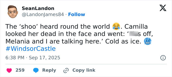 Twitter post referencing Queen Camilla&rsquo;s embarrassing gesture to Kate Middleton during Trump visit at Windsor Castle.