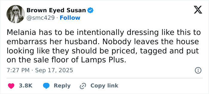 Tweet mocking First Lady Melania's outfit in the UK, comparing it to a light bulb store display with sarcastic commentary. Tweet mocking First Lady Melania's outfit in the UK, comparing it to a light bulb store display with sarcastic commentary.