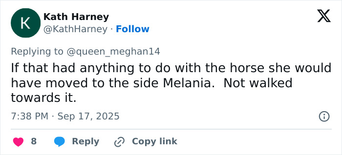 Tweet screenshot by Kath Harney discussing Queen Camilla&rsquo;s embarrassing gesture to Kate Middleton during Trump visit controversy.