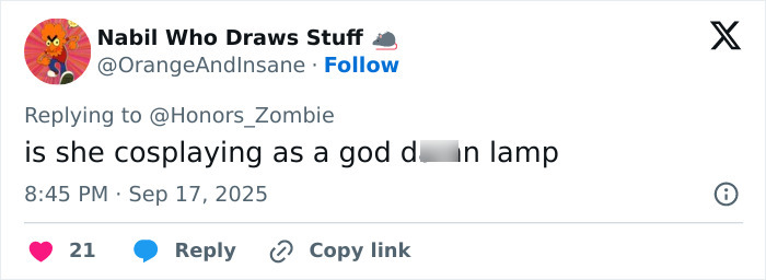 Tweet questioning if a person is cosplaying as a god damn lamp, sparking Melania Trump body double conspiracy.