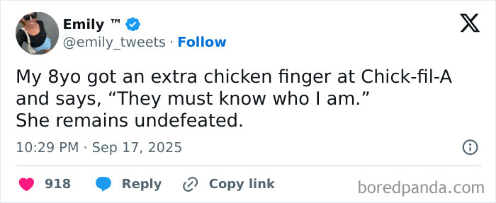 Tweet about parenting humor featuring an 8-year-old child getting an extra chicken finger at Chick-fil-A.