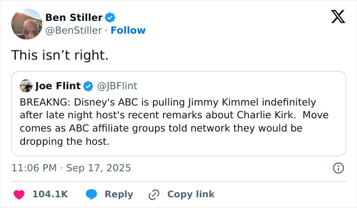 Screenshot of a tweet by Ben Stiller reacting to Jimmy Kimmel's show suspension and Hollywood stars' responses. Screenshot of a tweet by Ben Stiller reacting to Jimmy Kimmel's show suspension and Hollywood stars' responses.