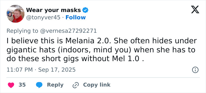 Tweet mocking Melania's outfit in the UK, referencing her style and bold fashion choices during public appearances. Tweet mocking Melania's outfit in the UK, referencing her style and bold fashion choices during public appearances.