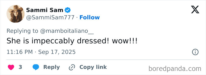 Tweet by Sammi Sam praising Melania Trump’s optical illusion dress from Windsor banquet, sparking color debate among fans. Tweet by Sammi Sam praising Melania Trump’s optical illusion dress from Windsor banquet, sparking color debate among fans.