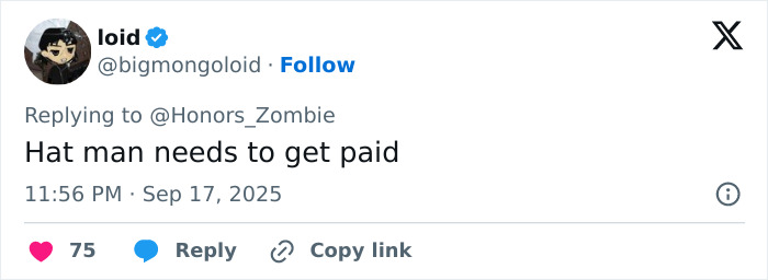 Screenshot of a social media reply mentioning a hat man, unrelated to Melania Trump body double conspiracy.