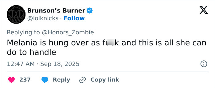 Tweet screenshot discussing Melania Trump fueling body double conspiracy after viral meeting with British royal family.