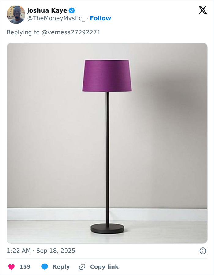 Floor lamp with purple shade against a plain wall, symbolizing someone needs to put a new light bulb in Melania. Floor lamp with purple shade against a plain wall, symbolizing someone needs to put a new light bulb in Melania.